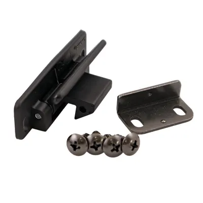 A set of cabinet hardware, including a black plastic latch mechanism, a metal bracket, and several screws, arranged on a white background.