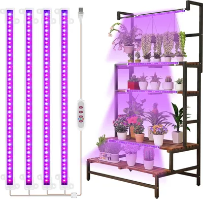 A set of grow lights and a multi-tiered plant stand filled with various plants.