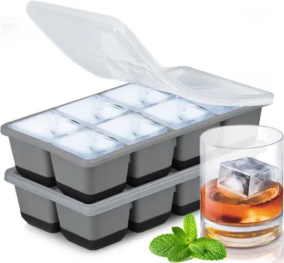 Produktbild von Eiswürfelform aus Silikon - BPA-frei und stapelbar mit Deckel - Für Whisky und Getränke - 2er Set 4,5 cm XL Eiswürfel 70 ml Schwarz