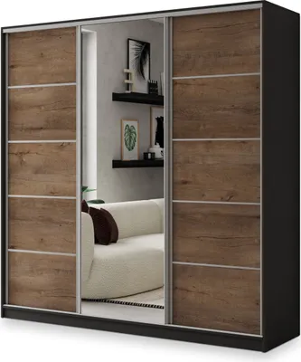 Produktbild von Masseno Schiebetürenschrank NATA 200/205/58 cm Kleiderschrank mit 4 Schubladen Schlafzimmer Schrank 3-türig mit Spiegel Schwarz / Eiche Lefkas