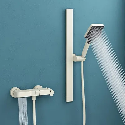 Produktbild von Duschsystem mit Regendusche, Duscharmatur Komplettset Cremeweiß | Duscharmatur aus Aluminium, Dusche komplett mit Unterauslauf, höhenverstellbar Duschbrause, 3 Strahlarten Arvexa-02