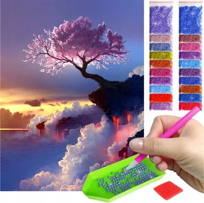 Produktbild von ARTULIO - Diamond Painting Set - Sakura Baum auf Felsenklippe - 40 × 30 cm - 5D Diamant Painting, Home Wand Deko, Crystal Art