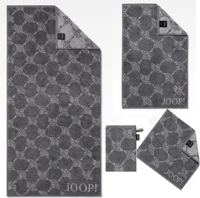 A collage of different sizes of JOOP! towels with a cornflower pattern.