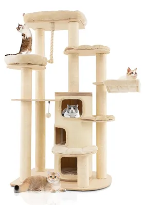 Produktbild von Katzenkratzbaum - Katzenkletterbaum - Katzenhaus mit Kratzmöglichkeiten - Katzenbaum mit Holz - Beige Katzenmöbel