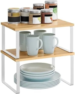 Productafbeelding van PromoHome® Kruidenrek-set, bestaande uit 2 stuks, stapelbaar en uitbreidbaar, keukenrek van bamboe en metaal, wit