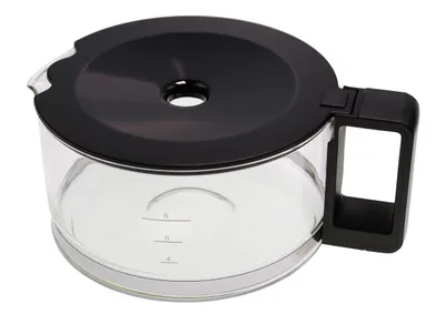 A glass coffee pot with a black lid and handle against a white background.