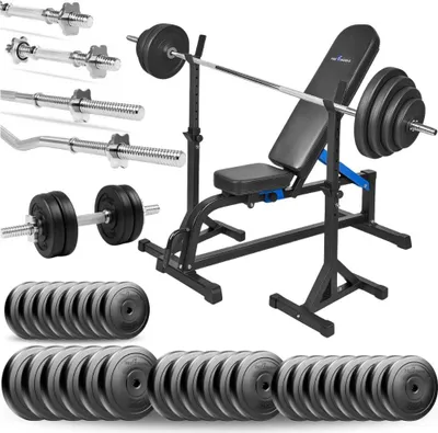 Zdjęcie produktu dla Zestaw do ćwiczeń siłowych 174 kg z ławką regulowaną, stojakami, gryf prosty 180 cm i gryf lekko łamany 120 cm, obciążenia 120 kg do ćwiczeń domowych