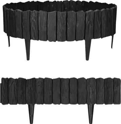 Two views of a black garden border with a wood-like texture, each supported by legs.