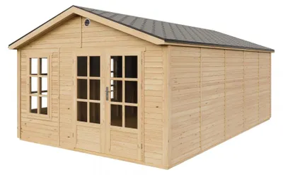Immagine prodotto di TIMBELA M737A+M737G Casetta da Giardino in Legno 370x600 cm, Capanno da Giardino con 3 Finestre in Vetro Temperato, Porte a Doppia Anta con Vetri, Tetto con Tegole Bituminose, con Pavimento