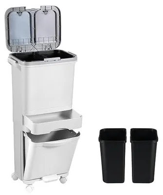 Imagen del producto de Contenedor de residuos para la cocina, con 3 compartimentos, sistema de separación de residuos de gran capacidad (42 litros) con tapa de cierre suave, pedal, ruedas y cajón central. Cubo de basura para la separación de residuos en la cocina, oficina o apartamento