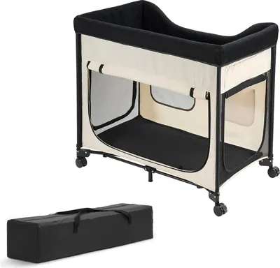 Image de SucceBuy Lit surélevé pour animaux domestiques (L), lit pliant pour chiens en tissu Oxford 600D et velours hollandais, lit portable avec roulettes, poches latérales et sac de transport, beige