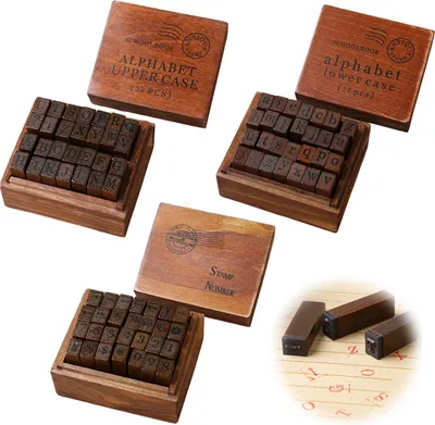 Produktbild von Vintage Buchstabenstempel Set,84-teilig, Holzgriff, Gummistempel, inkl. Holzbox,Motivstempel,Textstempel Holzstempel für Scrapbooking und Karten