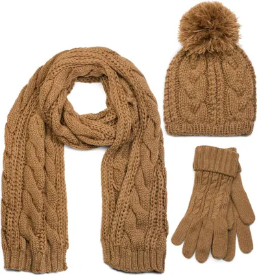 Produktbild von styleBREAKER Schal, Mütze und Handschuh Set, Zopfmuster Strickschal mit Bommelmütze und Handschuhe, Damen 01018208