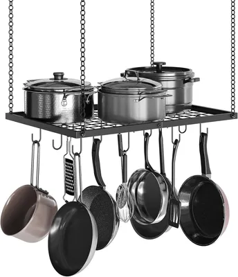 Image de Étagère suspendue pour casseroles, support mural pour casseroles à fixer au plafond, organisateur de cuisine en métal pour ranger les ustensiles de cuisine, avec 12 crochets
