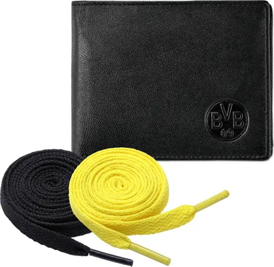 Produktbild von Borussia Dortmund BVB Geldbörse Ledergeldbörse schwarz + 2 Paar Fan-Schnürsenkel 2# 5#