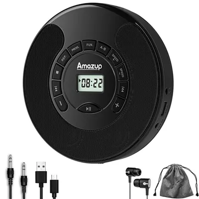 Productafbeelding van ZELURX CD-speler, draagbaar, met USB-aansluiting, ondersteuning voor MP3, CD-R/CD-RW, A-B herhaling, opnamefunctie en een 1500mAh batterij, zwart
