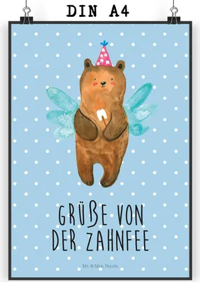 Produktbild von Mr. & Mrs. Panda Bild Bär Zahnfee DIN A4 - Blau Pastell - Geschenk, Fee, drucke, Plakat, Erster Zahn, Wandbild, Teddy, wanddeko, Milchzahn, kunstdruck poster