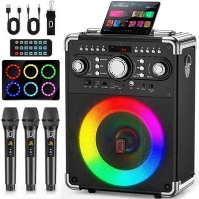 Productafbeelding van Karaokemachine Draadloos - 3 Microfoons - Bluetooth Speaker - 5,25 Inch Woofer - Draagbaar - Feest & Karaoke