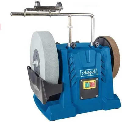 A blue wet sharpening machine with a large grinding wheel.