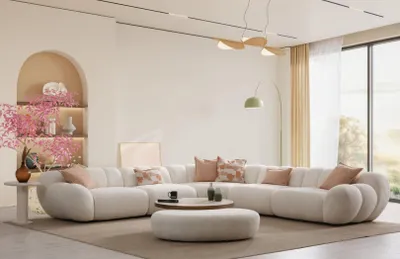 Produktbild von Weiße Couchgarnitur Ecksofa Couchtisch Beistelltisch Hocker 4tlg.