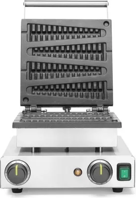 A commercial waffle maker with its lid open, showing the waffle plates.