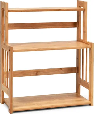 A three-tiered bamboo shelf unit against a white background.