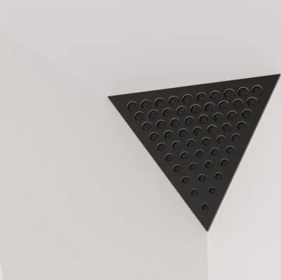 Obrázok produktu pre Sada 6 kusov trojuholníkových basových pasívnych absorbérov "Triangle-ROUNDS" vyrobených z akustickej peny s perforovanou laminovanou drevovláknitej dosky (HDF) | 42x42x42 cm | Trojuholníkové pyramidálne basové pasívne absorbéry | Farba: Čierna