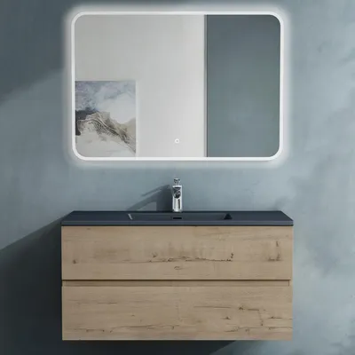 Produktbild von doporro Badmöbel-Set Waschbecken-Unterschrank Badezimmer Waschtisch mit Unterschrank BTH: 100x48x50 cm in Eiche Greige inkl. matt Anthrazit Mineralguss-Waschbecken und LED-Spiegel Aqualis