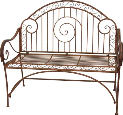 A brown metal garden bench is shown against a white background.