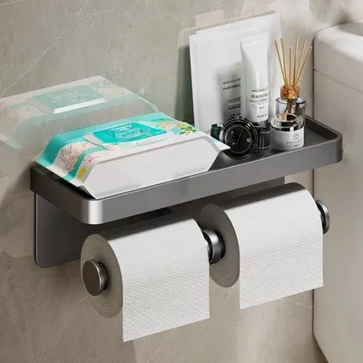 Produktbild von Doppelter Toilettenpapierhalter mit Ablage - Wandmontage, selbstklebend oder mit Schrauben