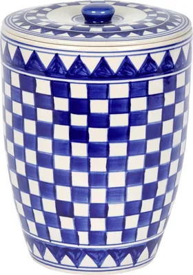Produktbild von Küchenkaro Brottopf mit Deckel Keramik, handgemalt, creme/blau, H 30 cm, D 21 cm Brottopf klein mit Deckel