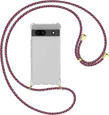 Produktbild von Handykette Backcover-Schutzhülle mit Band (Metall goldfarben) für Google Pixel 7a - silber/blau/rot