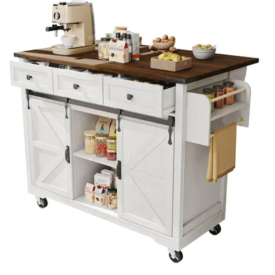 Produktbild von Kücheninsel Servierwagen mit ausziehbarer Arbeitsplatte, auf Rollen, 2 Schiebetüren, 3 Schubladen, Beige, 140x45x94 cm