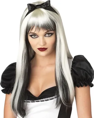 Produktbild von Halloween Langhaar Perücke mit Strähnen weiß-schwarz - Einheitsgröße