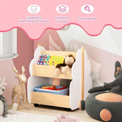 Produktbild von Kinder Bücherregal aus Holz mit Universalrädern 2 Ebenen Spielzeugregal auf Rollen Weiß + Natur