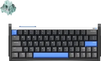 A mechanical keyboard switch and a compact mechanical keyboard are displayed against a white background.