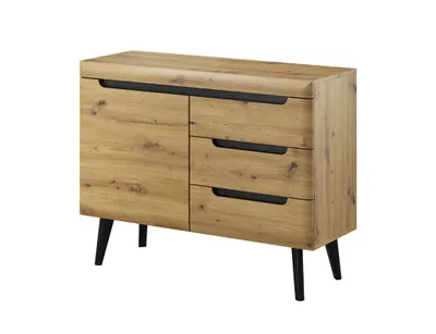 Obrázok produktu pre BETTSO Úzka komoda Príborník Highboard Skriňa na vysokých drevených nožičkách do obývačky Spálňa NODIS Hnedý remeselný dub s čiernou