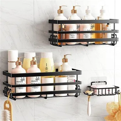 Image de Lot de 3 paniers de douche noirs - Rangement de salle de bain sans perçage - Avec 4 crochets et un porte-savon