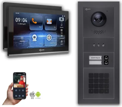 Produktbild von Goliath IP Video Türsprechanlage: 10-Zoll 2 Familienhaus, Zahlencode, Anzeige, Anthrazit  : 10 Zoll Schwarz : 4er POE : Aufputz Dose Anschluss: 4er POE Monitor Farbe: 10 Zoll Schwarz Montage: Aufputz Dose