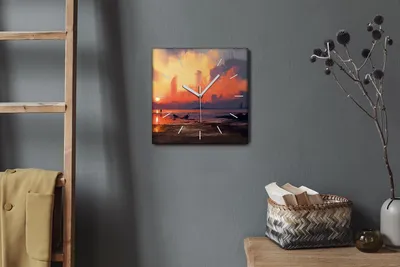 Produktbild von Coloray Hodiny Unikátní 30x30 cm Tiché hodiny Pro obývací pokoj a kuchyň Nástěnné hodiny Plátno Bílé ručičky hodin - Mlha západ slunce