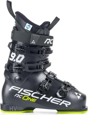 A black Fischer RC One 9.0 ski boot with yellow accents, shown from the side against a white background.