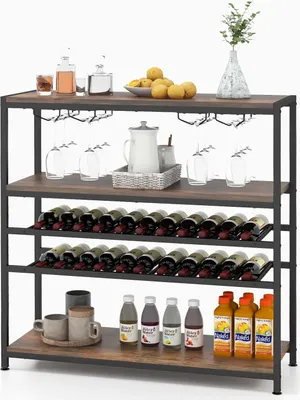 Produktbild von Weinregal mit 5 Ebenen, freistehender Barschrank mit 2 Weinregalen & 4 Reihen Getraenkehalter, Boden-Weinschrank für Küche, Esszimmer, Braun