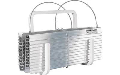 A folded aluminum ladder with white handles and wire supports, isolated on a white background.