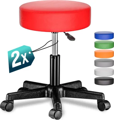 Produktbild von CASARIA® Rollhocker Höhenverstellbar 2er Set 10cm Polsterung 46-60cm Höhe 360° Drehbar Ø35cm Rund Rollen Bürohocker Drehhocker Arbeitshocker Stuhl Rot