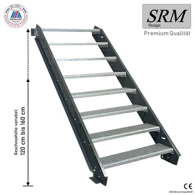 Produktbild von 8 Stufen Stahltreppe anthrazit Breite 80 cm Geschosshöhe 120 - 160 cm ohne Geländer