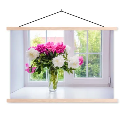 Produktbild von MuchoWow® Textilposter Blumen - Pfingstrosen - Vase 120x80 cm mit holzfarbenen Rahmen - Aufhängeset