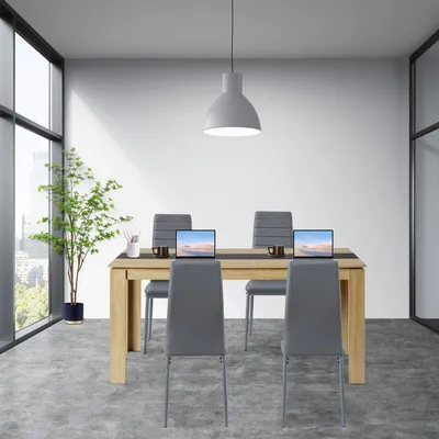 Immagine prodotto di Tavolo da pranzo con 4 sedie, set completo, forma rettangolare, legno, dimensioni 160x80 cm, colore grigio scuro