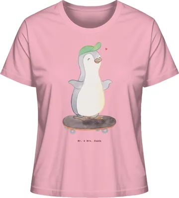 Produktbild von Mr. & Mrs. Panda T-Shirt für Frauen Pinguin Skateboarden Größe L - Baumwolle Pink - Geschenk, Baumwoll Damen, Oberteil, Skateplatz, Skateboard fahren, Shirt Mit Print