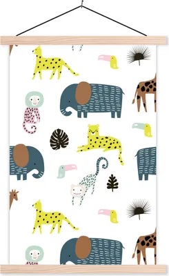 Produktbild von MuchoWow® Textilposter Tiere - Elefant - Affe - Weiß 120x180 cm mit holzfarbenen Rahmen - Textil-Plakat