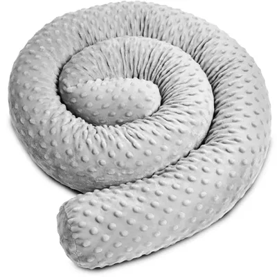 A light gray, textured, coiled pillow or bumper for a baby's crib, presented on a white background.